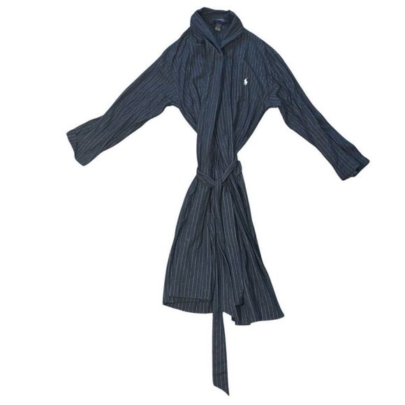 Vintage Polo Ralph Lauren Men’s Small / Medium Gray Pin Striped Bath Robe Pocket - Picture 1 of 3